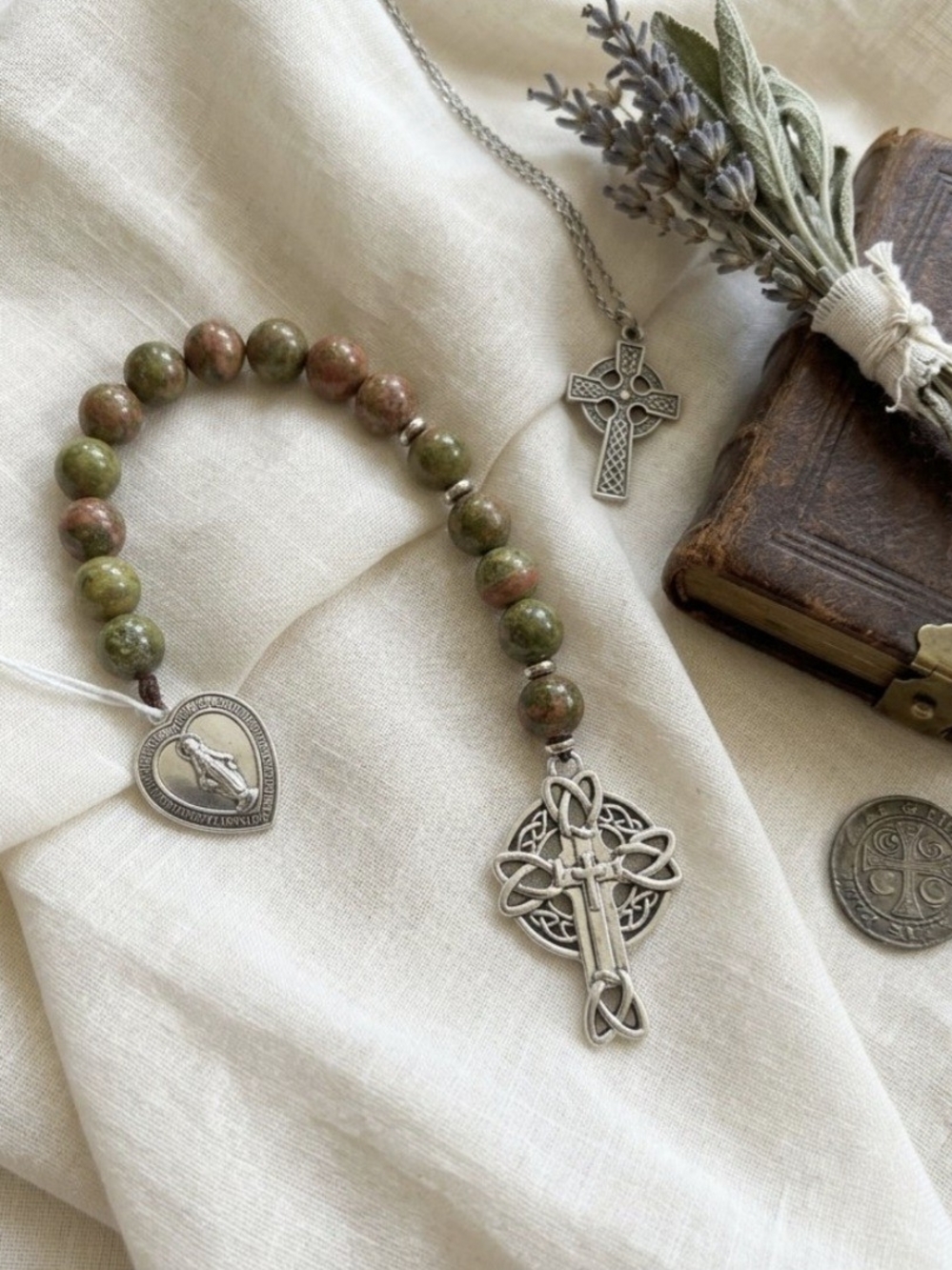 Unakite Celtic Cross Beaded Pocket - Tenner Rosary